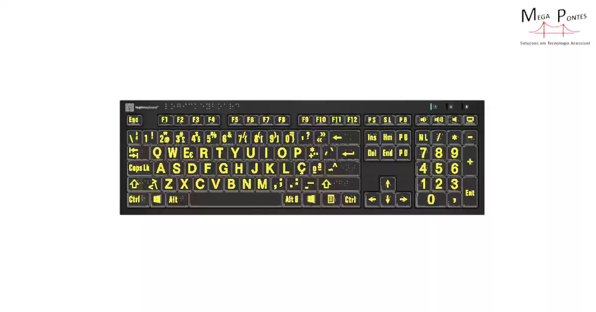 Teclado português ampliado teclas pretas marcadas com Braille e letras amarelas