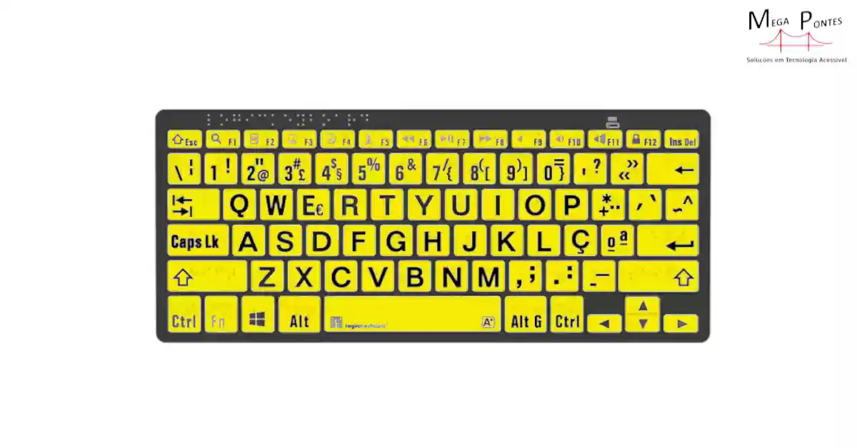 Teclado português ampliado teclas amarelas marcadas com Braille e letras pretas grandes