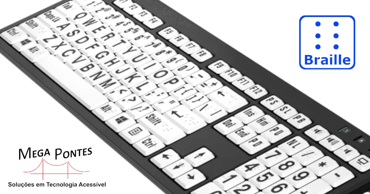Teclado ampliado USB com marcação a tinta e Braille, com teclas brancas e letras pretas