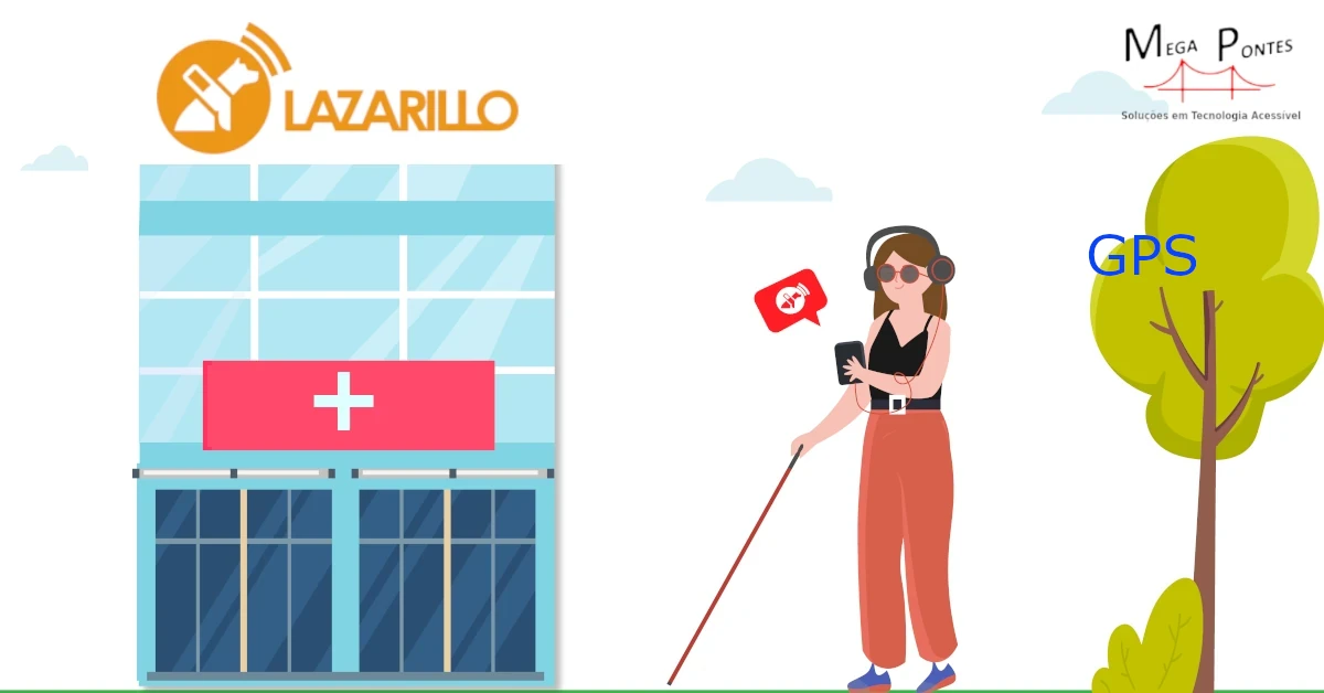 O Lazarillo guia uma senhora até a uma clínica de saúde