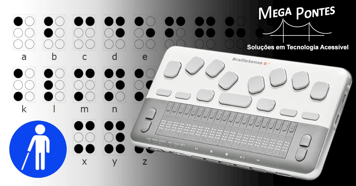 Bloco de notas BrailleSense 6 Mini com 20 células Braille, junto ao alfabeto português em Braille