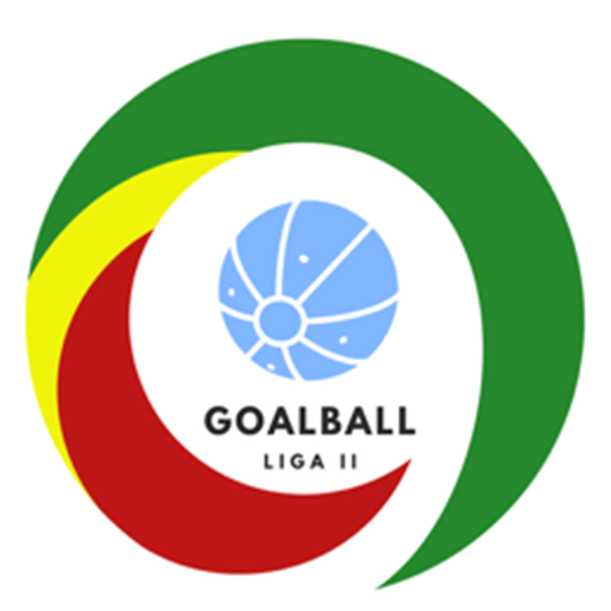 Goallball Liga II - Bola de goalball azul no centro, com figura circular estilizada em várias cores