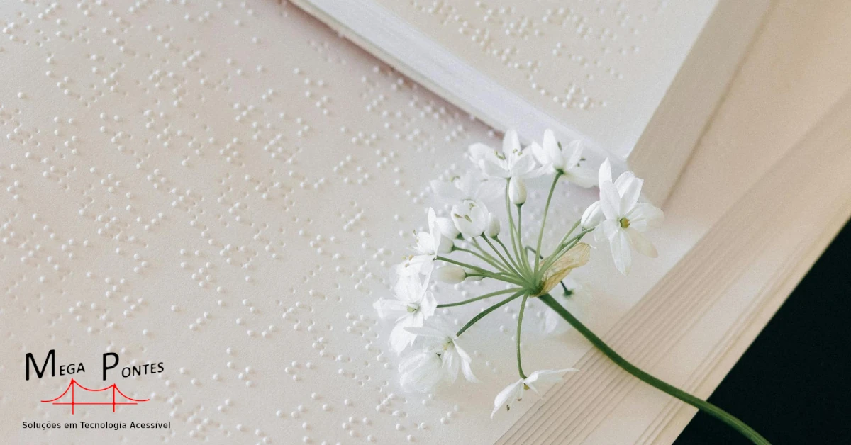 Livro Braille aberto com uma flor branca em cima