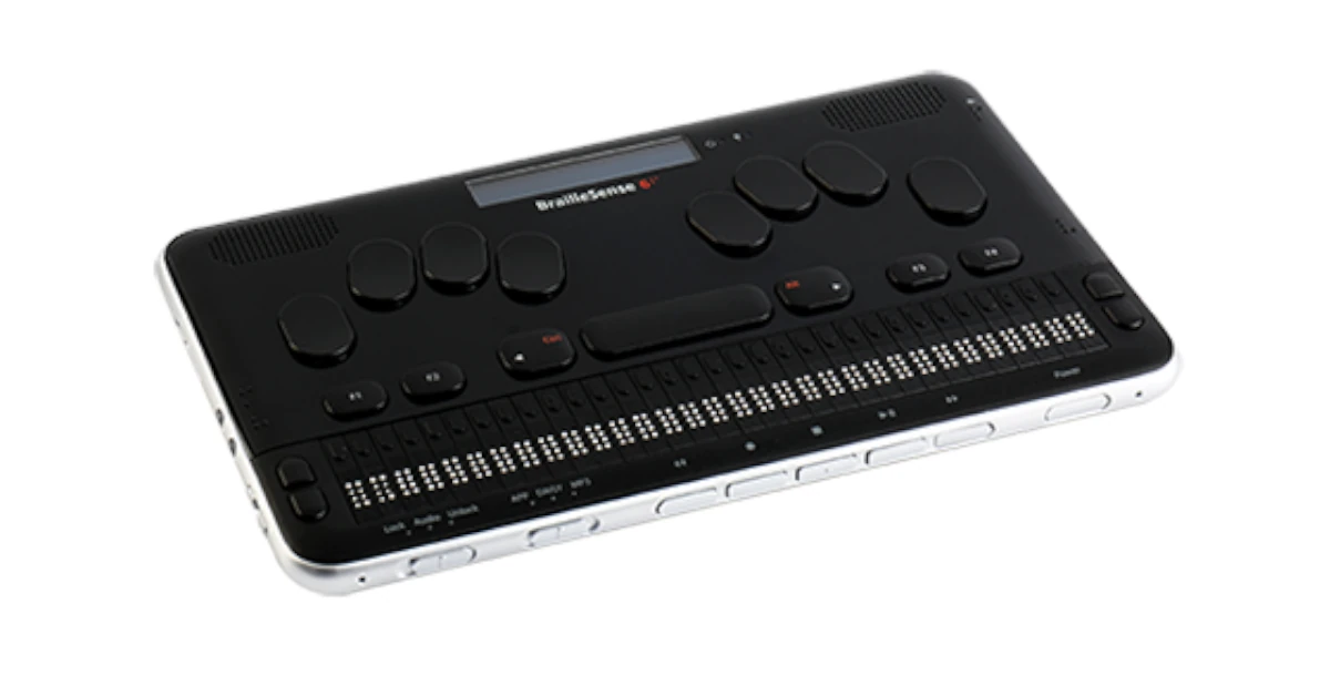 Bloco de notas BrailleSense 6 com teclado Braille, teclas de função, botões multimédia e visor LCD