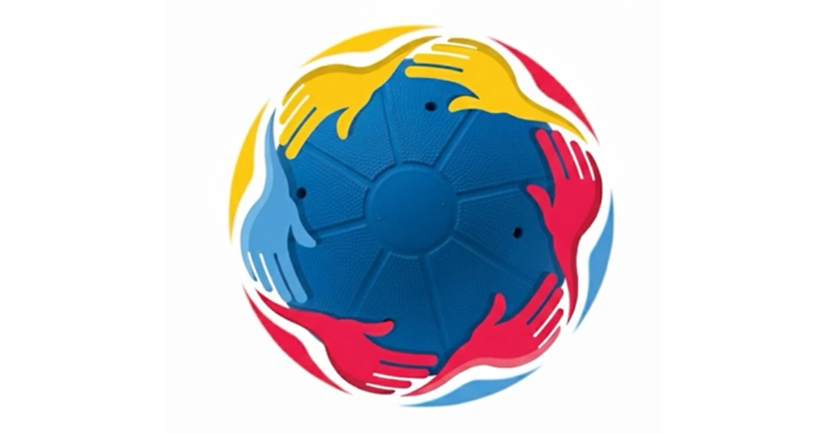 Bola de Goalball azul com desenho circular estilizado de mãos dadas em diversas cores a simbolizar a inclusão