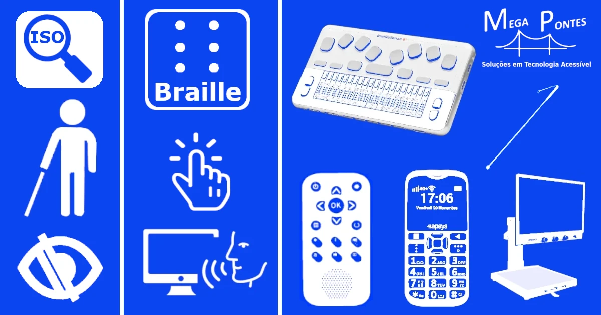Símbolos de cego e baixa visão com ícones de Braille, tátil e vocalização junto a produtos de apoio