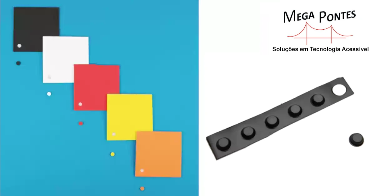 Conjuntos de bolhas e pontos táteis nas cores vermelho, laranja, amarelo, branco e preto.