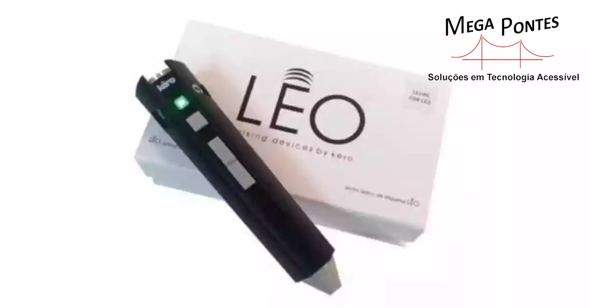Leitor de etiquetas de voz preto, estilo caneta, com ponta e botões cinzentos, led de sinalização verde