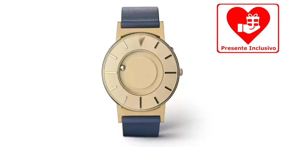 Relógio táctil, mostrador prateado, bracelete em pele azul marinho, esferas as indicam horas.