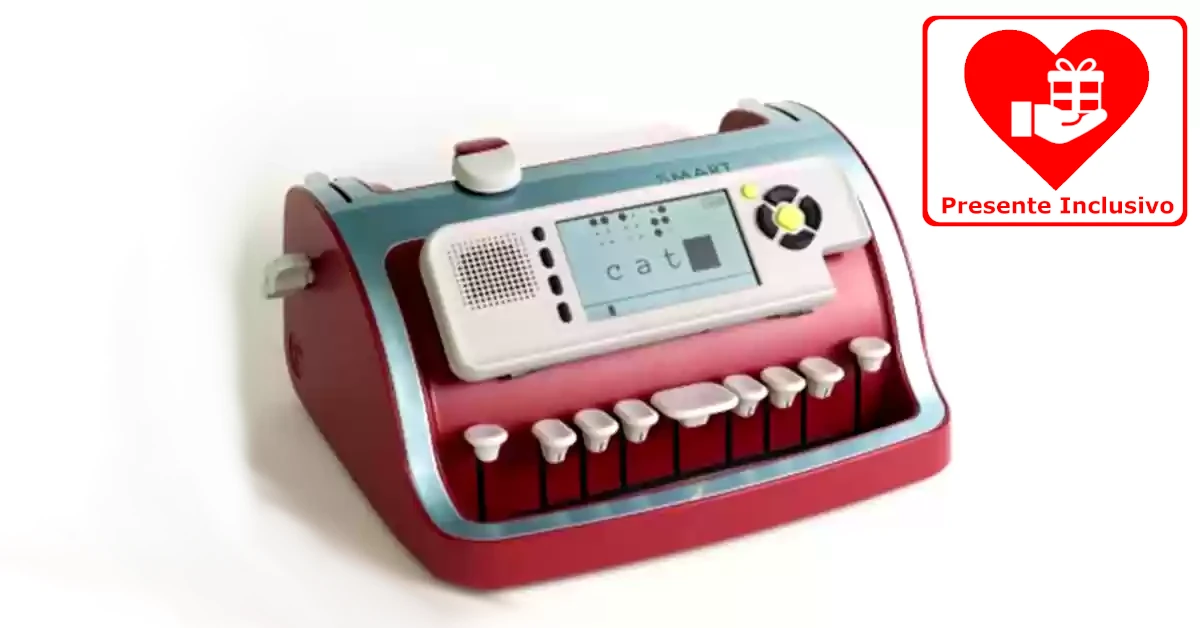 Máquina elétrica para escrita de Braille vermelha standard com visor e teclado Perkins.