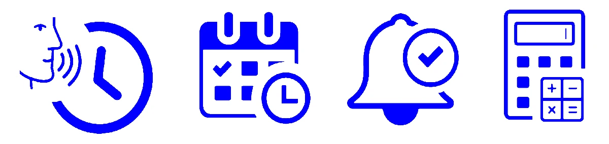 Símbolos de relógio falante, agenda, alarme e calculadora