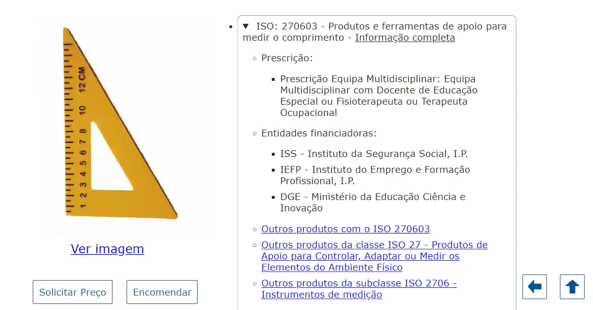 Informação ISO de um esquadro geométrico com marcações táteis e números ampliados a alto contraste