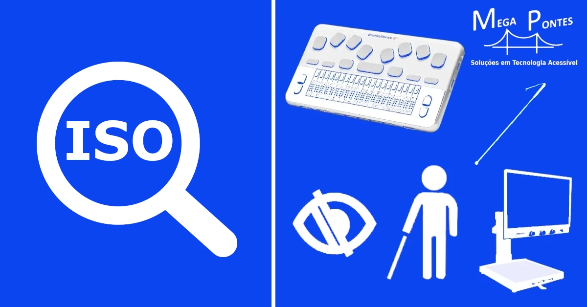 Símbolo de pesquisa ISO junto a diversos produtos de apoio