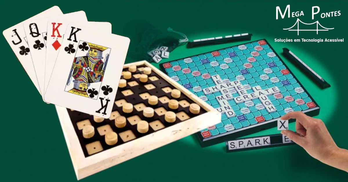 Jogo de cartas Braille, jogo de damas adaptado e jogo Scrable