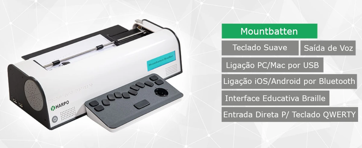 Máquina eletrónica para escrita Braille Mountbatten, branca, com visor LCD e voz
