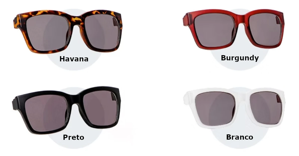 Modelos de óculos Tami com armação: Havana, Burgundy, Preto e Branco