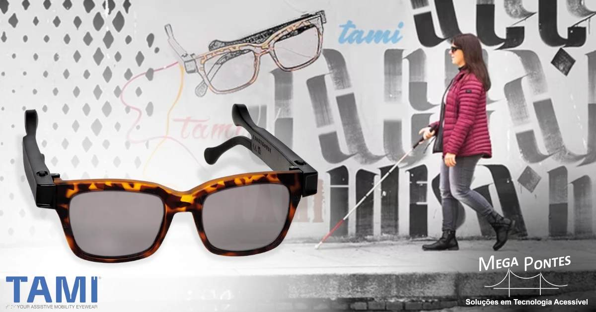 Pessoa com bengala branca a usar os óculos TAMI na rua enquanto se desloca pelo passeio