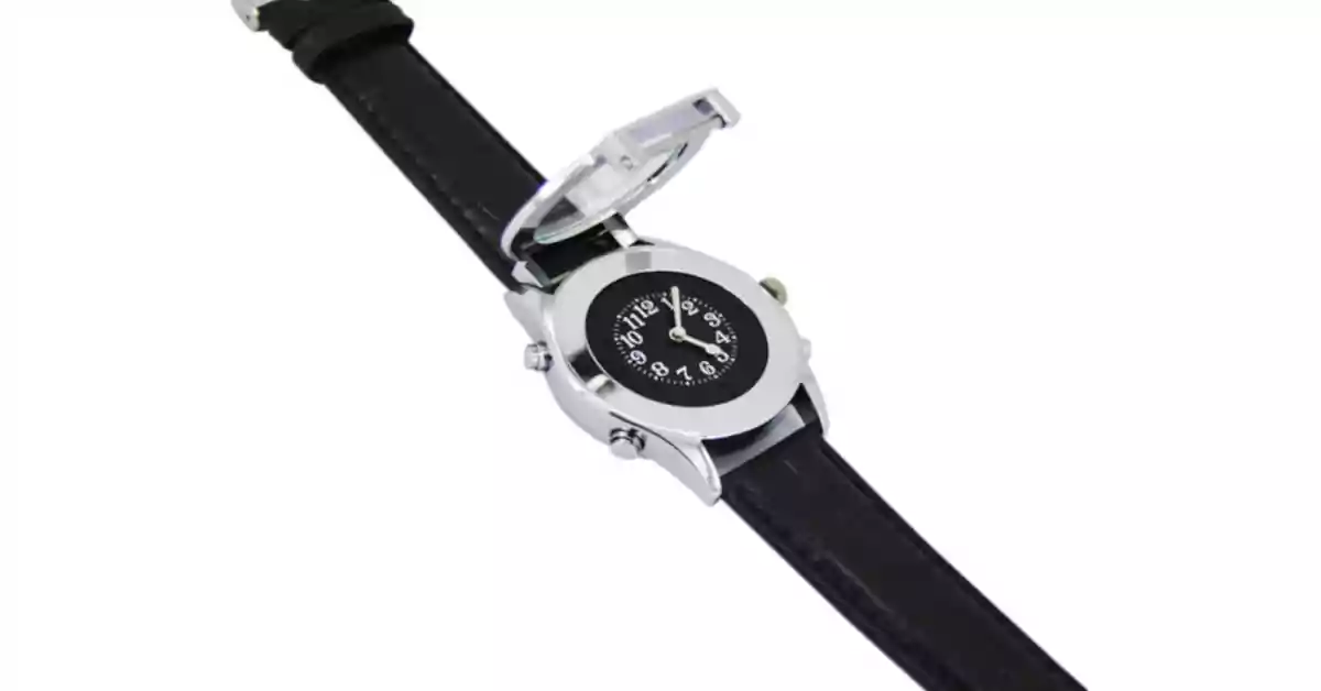Relógio de pulso com tampa do visor aberta caixa metálica redonda mostrador preto bracelete preta