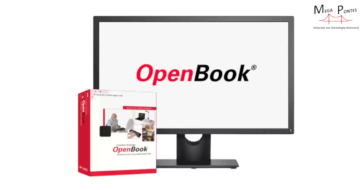 Software OpenBook junto a monitor de computador com o nome do programa no ecrã