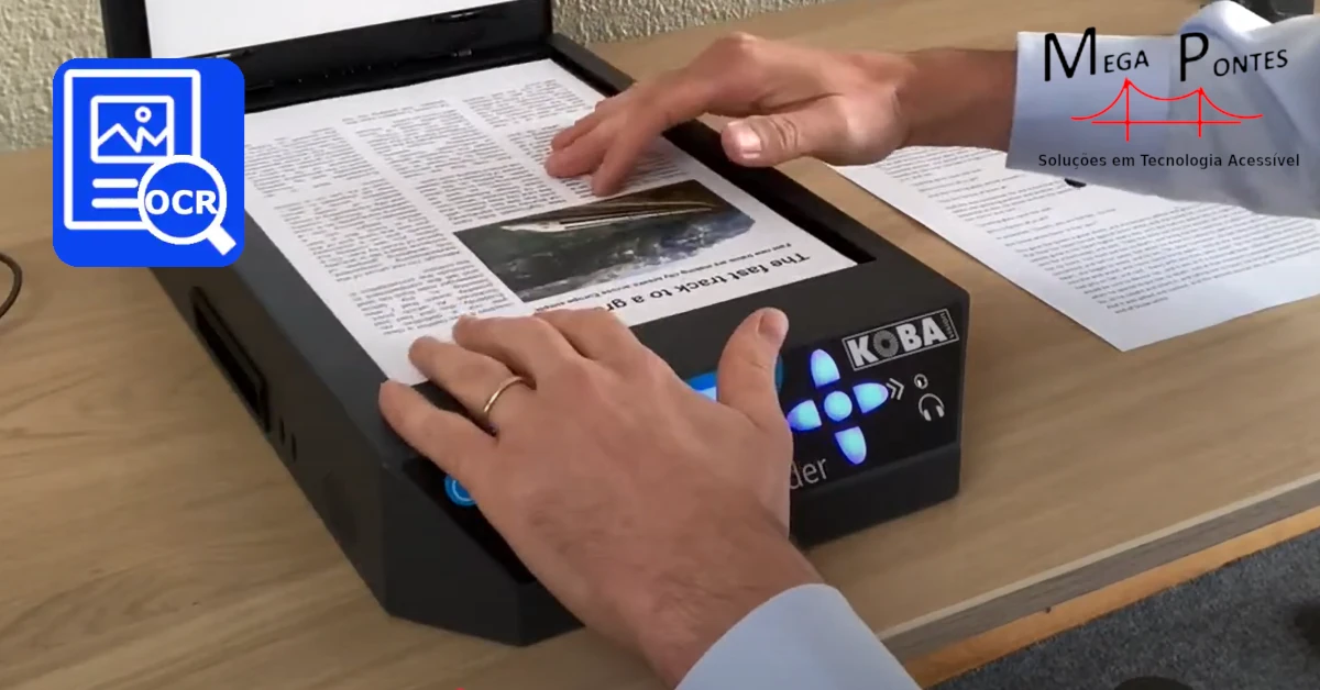 Ampliador de mesa portátil faz o reconhecimento ocr de um documentos e lê em voz alta