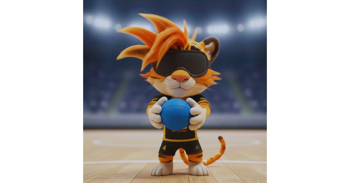 Mascote da Blind Sports TV, um pequeno tigre com bola de goalball nas mãos e venda protetora nos olhos