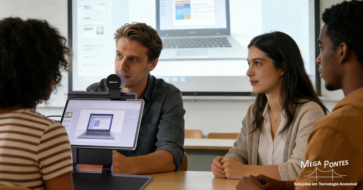 Grupo de alunos universitários a fazer um trabalho de grupo, uma das alunos visualiza uma apresentação ampliada com o Snow Pad 