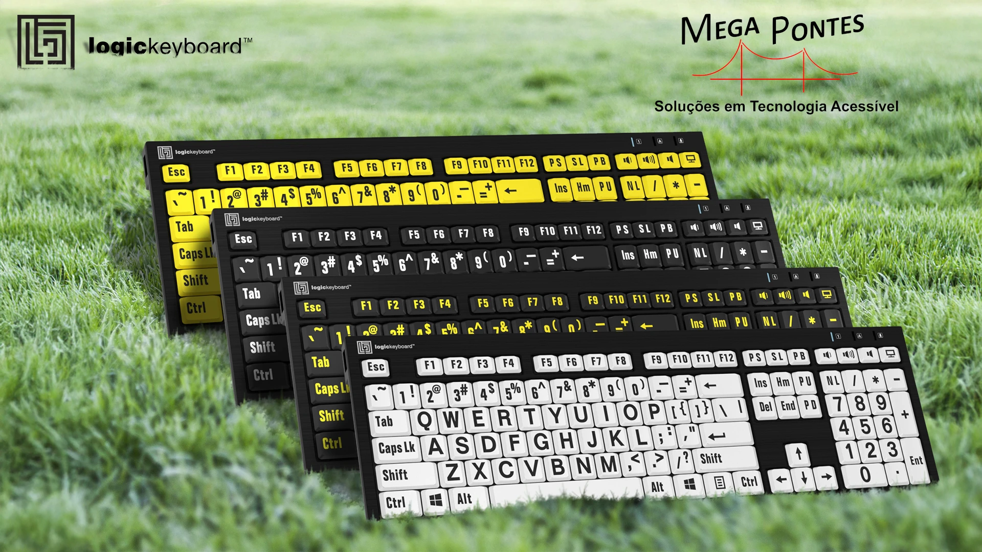 4 teclados adaptados logickeyboard com teclas e letras de várias cores e contrastes