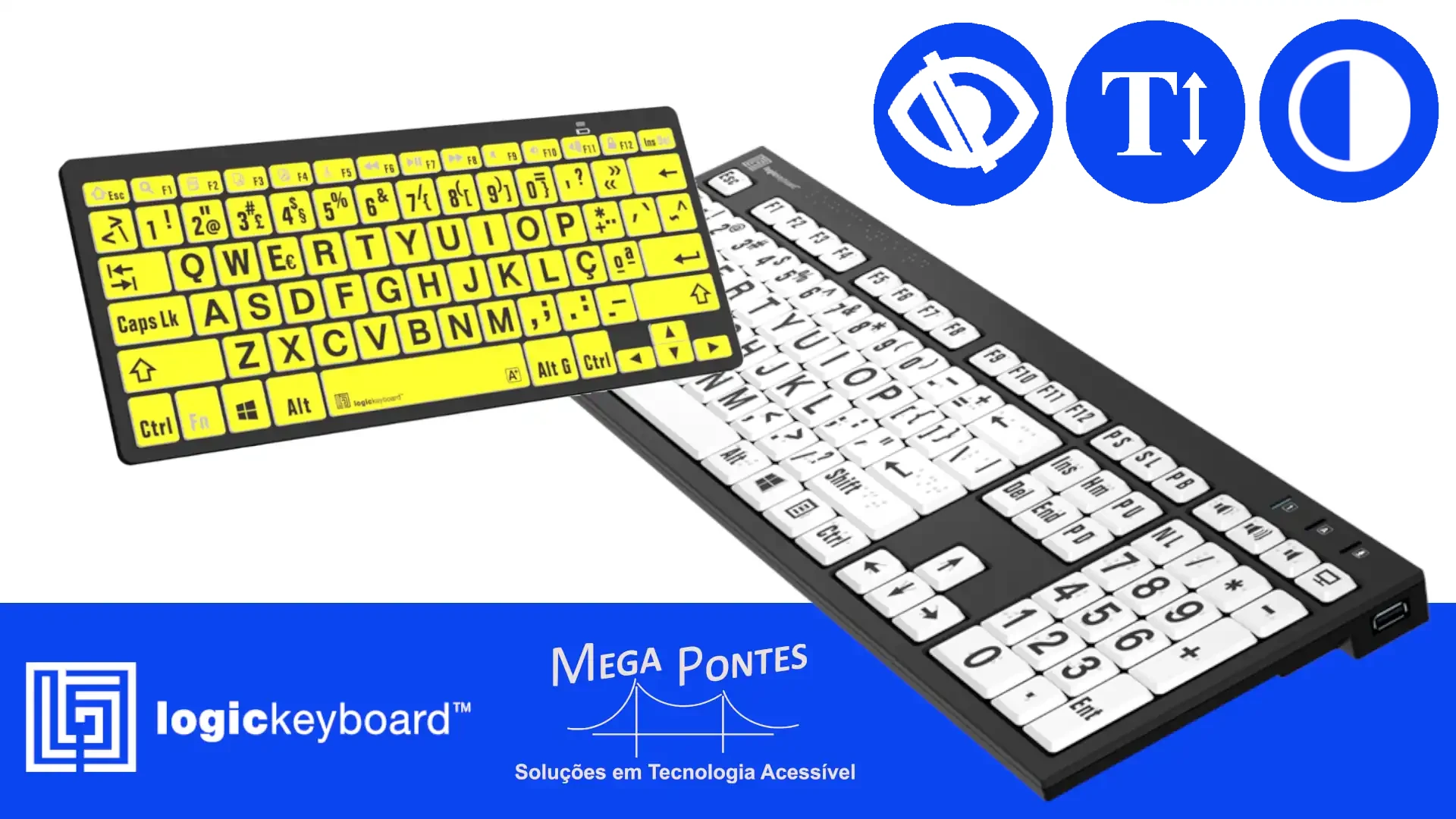 Teclados ampliados: modelo USB com teclas brancas e letras pretas e o modelo bluetooth com teclas amarelas e letras pretas