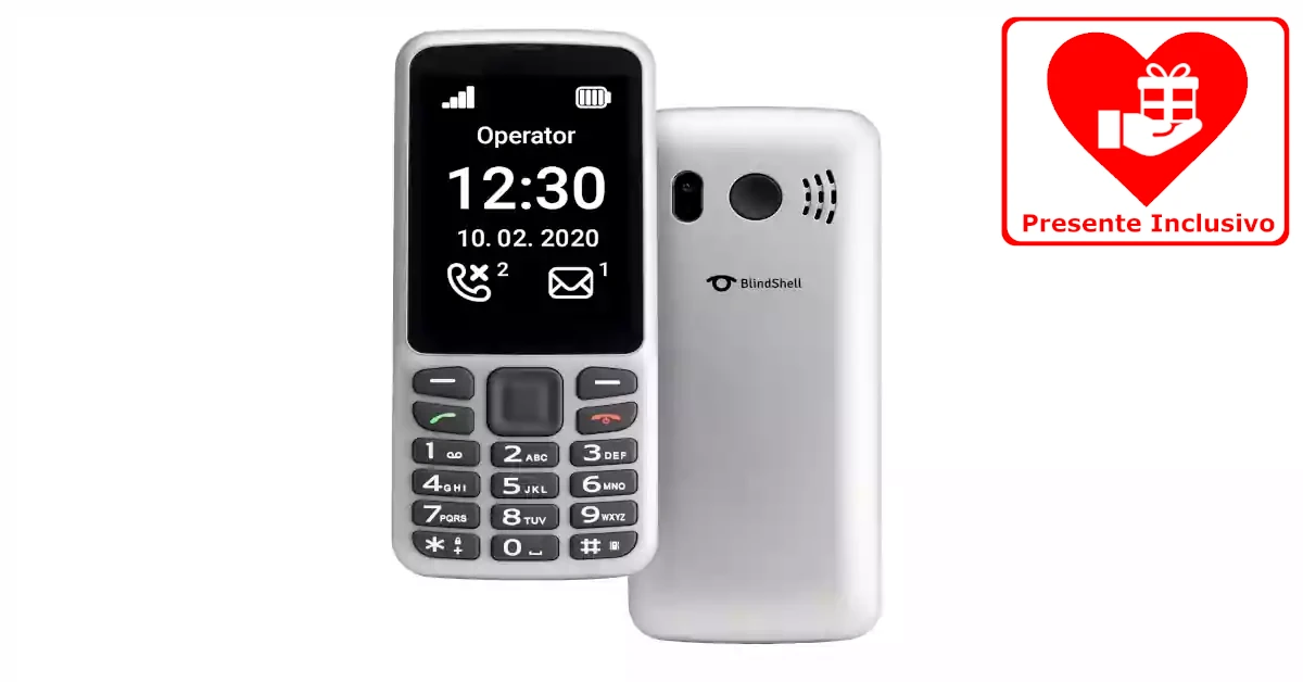 Frente e verso de telefone com teclado cinzento, ecrã de alto contraste e câmara traseira