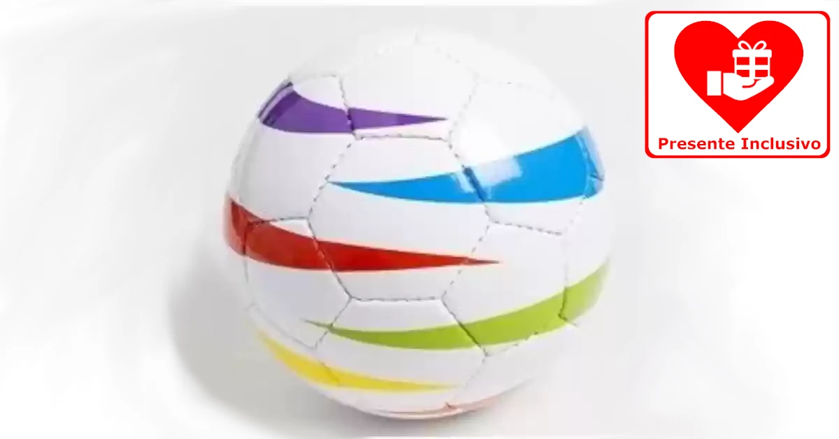 Bola de futebol adaptada, cor branca e faixas coloridas a amarelo, verde, vermelho, azul e púrpura