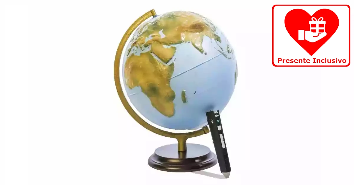 Globo terrestre colorido, junto tem um leitor de etiquetas LEO que não está incluído