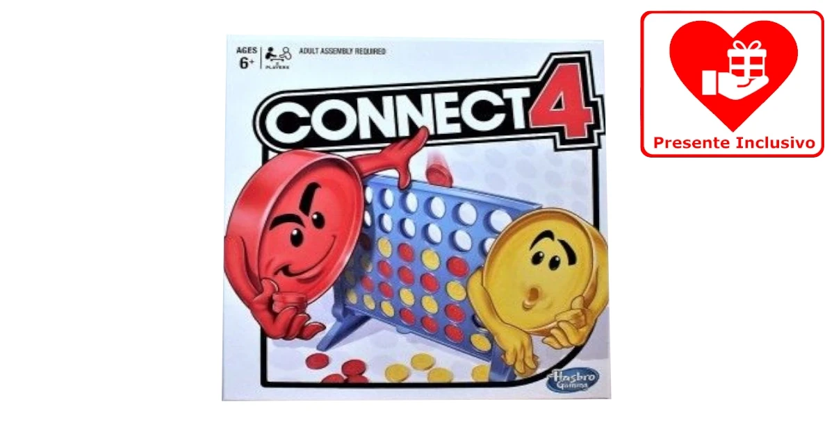 Jogo quatro em linha azul, peças amarelas e vermelhas com marcação tátil