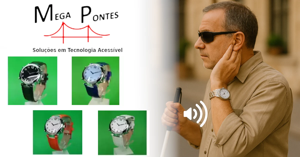 Pessoa cega a ouvir as horas num relógio de pulso com voz portuguesa