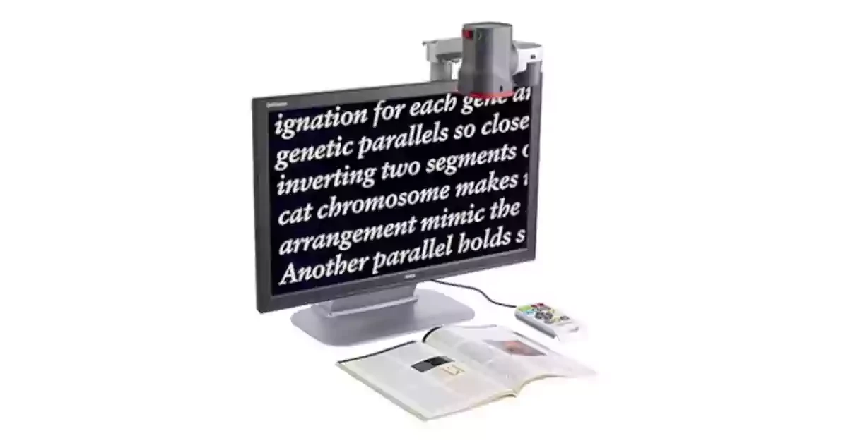 Ampliador de Mesa GoVision Pro a ler uma revista, com ecrã de 24 polegadas e comando lateral de mesa