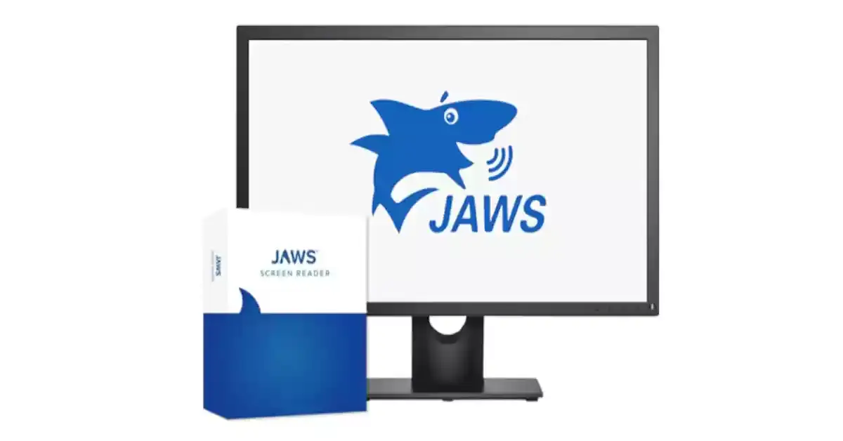 Embalagem do leitor de ecrã JAWS junto a um monitor com o logo de um tubarão a falar