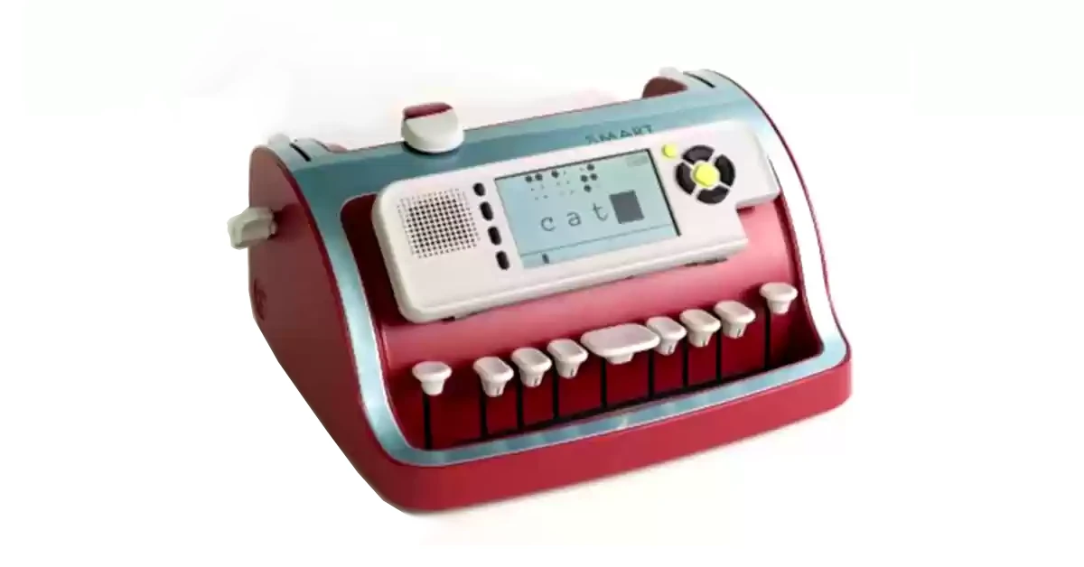 Máquina para Escrita Braille Perkins elétrica vermelha com ecrã LCD e teclado Perkins
