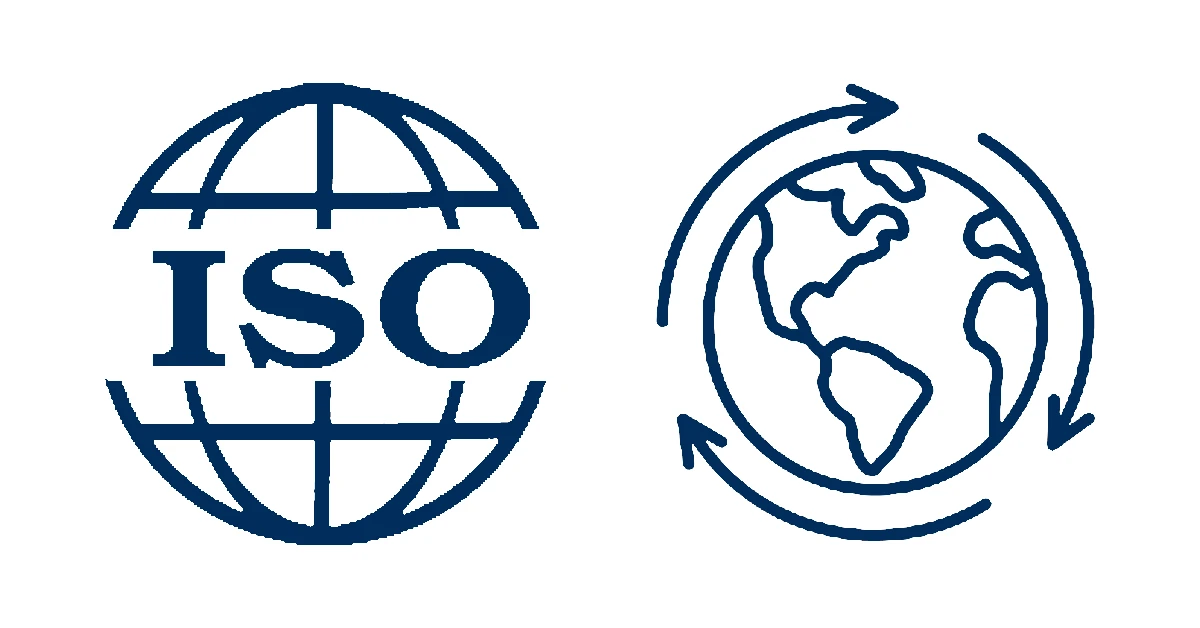 Logo ISO e símbolo do mundo com três setas a simbolizar o planeta a girar