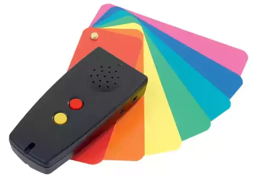 Identificador de cores e intensidade de luz portátil preto com um botão amarelo e outro vermelho