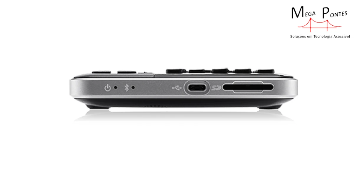 Lateral direita da QBraille XL 40 com entrada USB, entrada para cartão SD, leds de energia e Bluetooth