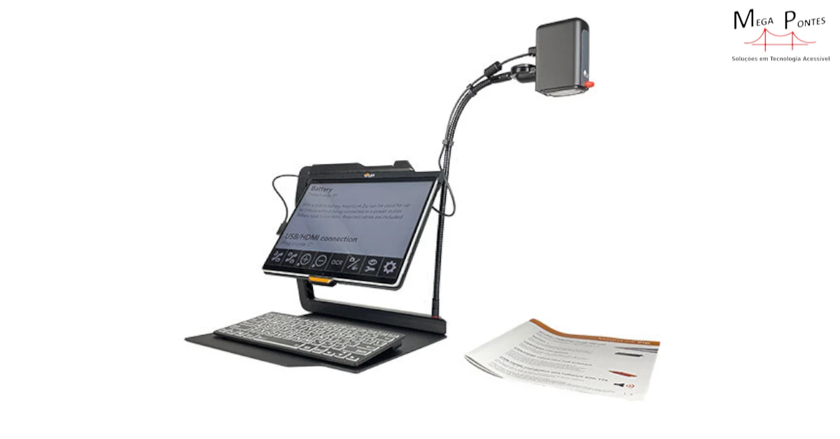 Magnilik Tab 2 constituído por um suporte articulado com tablet, câmara com braço flexível e teclado