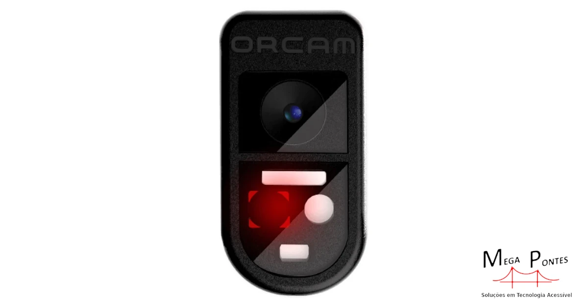 Pormenor da parte frontal do leitor Orcam Read, com a câmara inteligente, laser e luzes LED