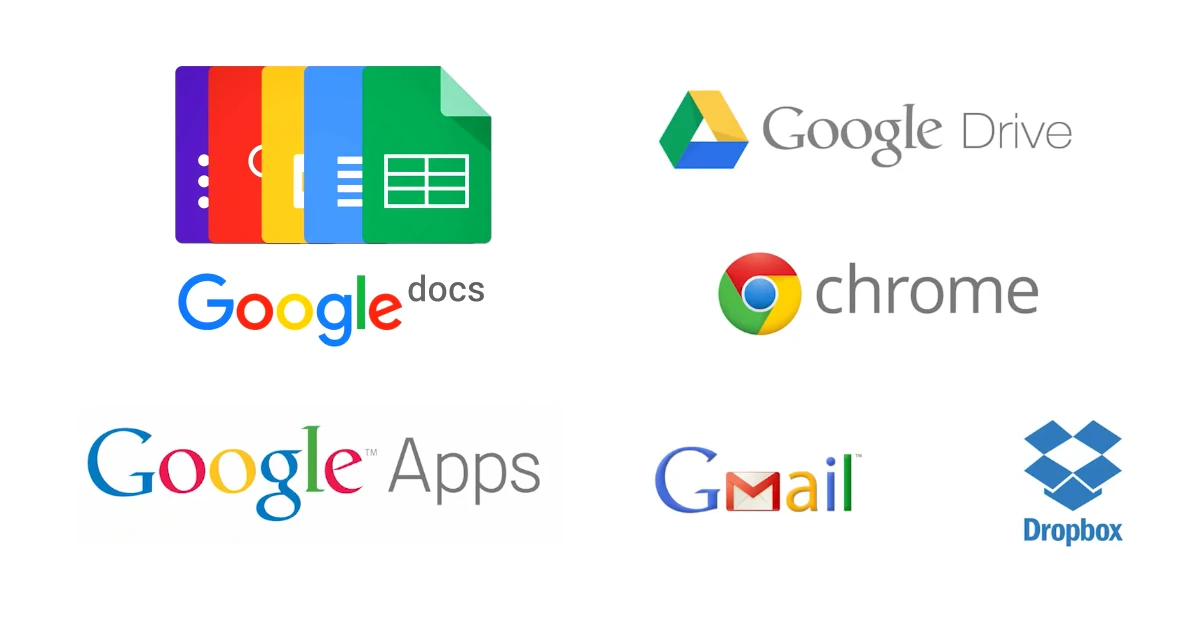 Símbolos de aplicações Google para criação e partilha de documentos, logo Dropbox