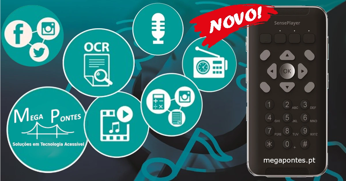 Leitor multimédia SensePlayer com acesso ao telemóvel, OCR, Gravador, aplicações úteis e rádio
