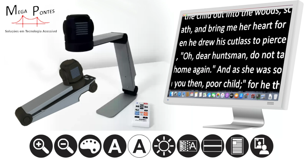 Ampliador portátil Koba ZoomCam Speech dobrável junto a monitor com imagem ampliada a alto contraste